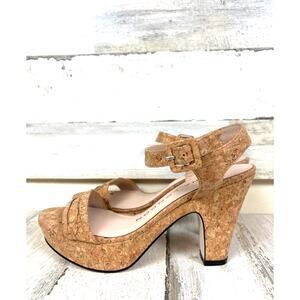 Sacha London Womens 7 Tan Cork Heel Strappy Sandals Handmade Boho Designer NEW